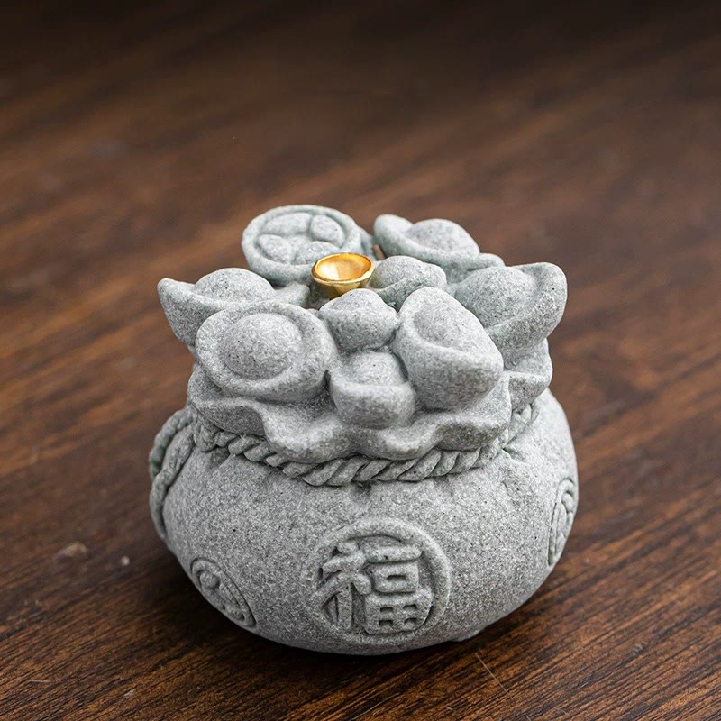 Goldstone Sycee Ingot Incense Burner with Fu Symbol Desk Meditation Tool