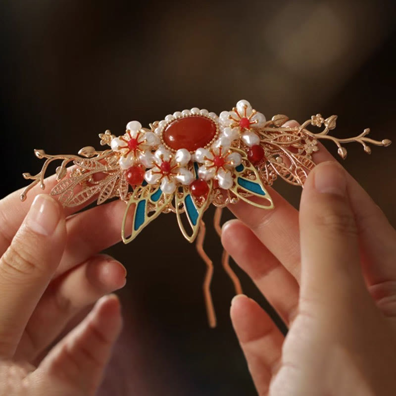 Classical Chinese Style Flower Branche Butterfly Pearl Tassel Hair Clip Hair Comb Hair Crown