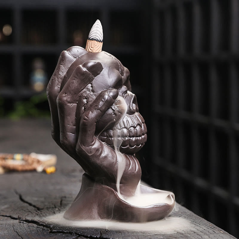 Gothic Skull and Ghost Hand Purple Clay Backflow Incense Burner