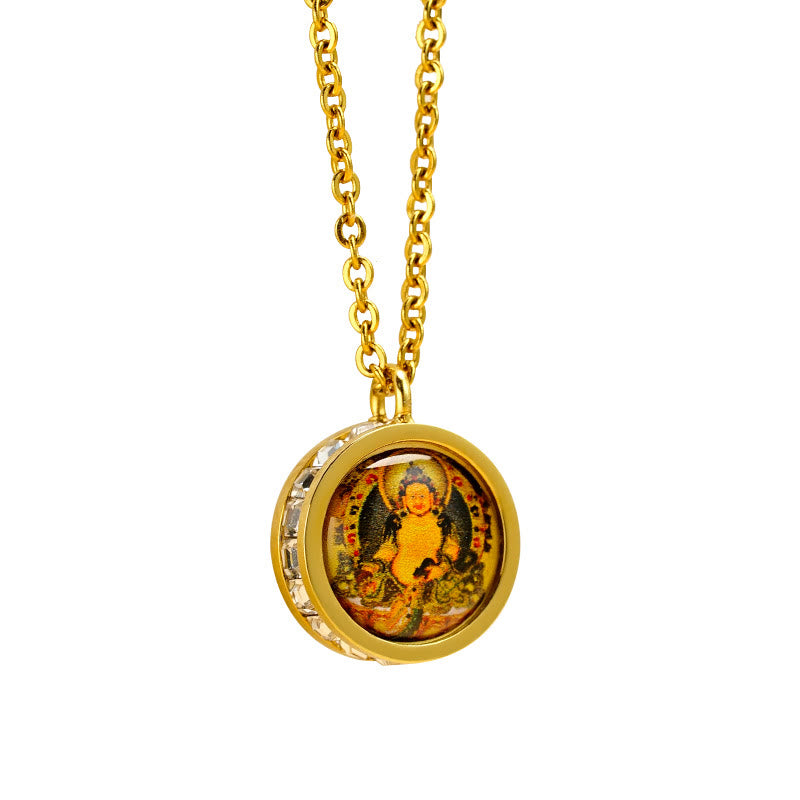 Tibetan Yellow God Of Wealth Green Tara Buddha Serenity Titanium Steel Necklace Pendant