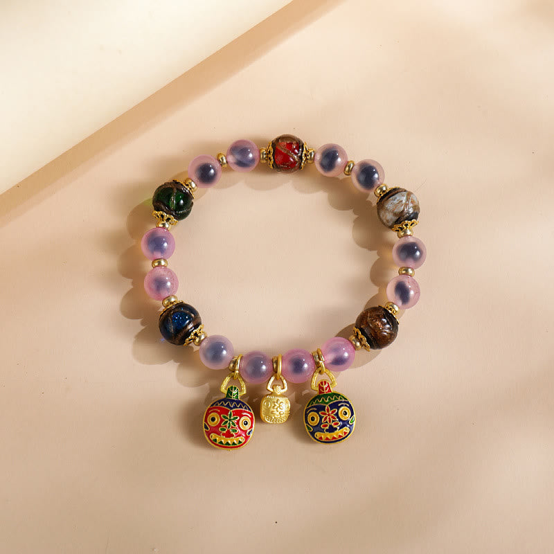 Vibrant Candy Agate & Liuli Beaded Bracelet with Gold Swallowing Beast Family Charm