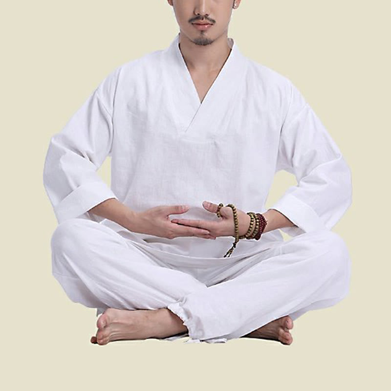 Meditation Prayer V-neck Design Cotton Linen Spiritual Zen Practice Yoga Clothing Men's Set