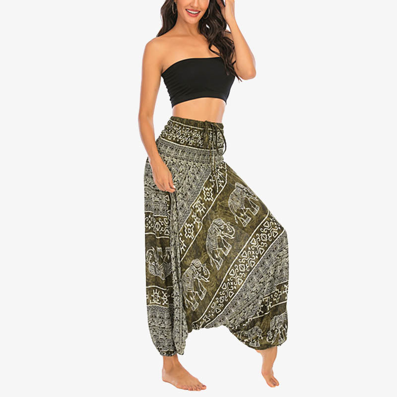 Two Style Wear Elephant Pattern Loose Smocked Harem Trousers Jumpsuit Women's Yoga Pants