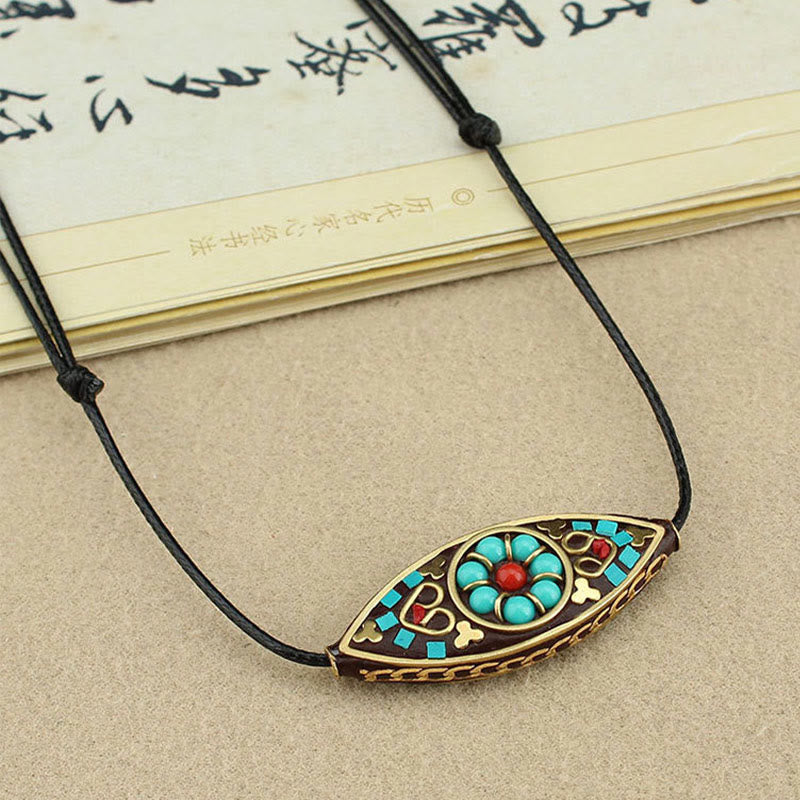 Tibet Turquoise Bead Marquise Pattern Protection Strength Necklace Pendant