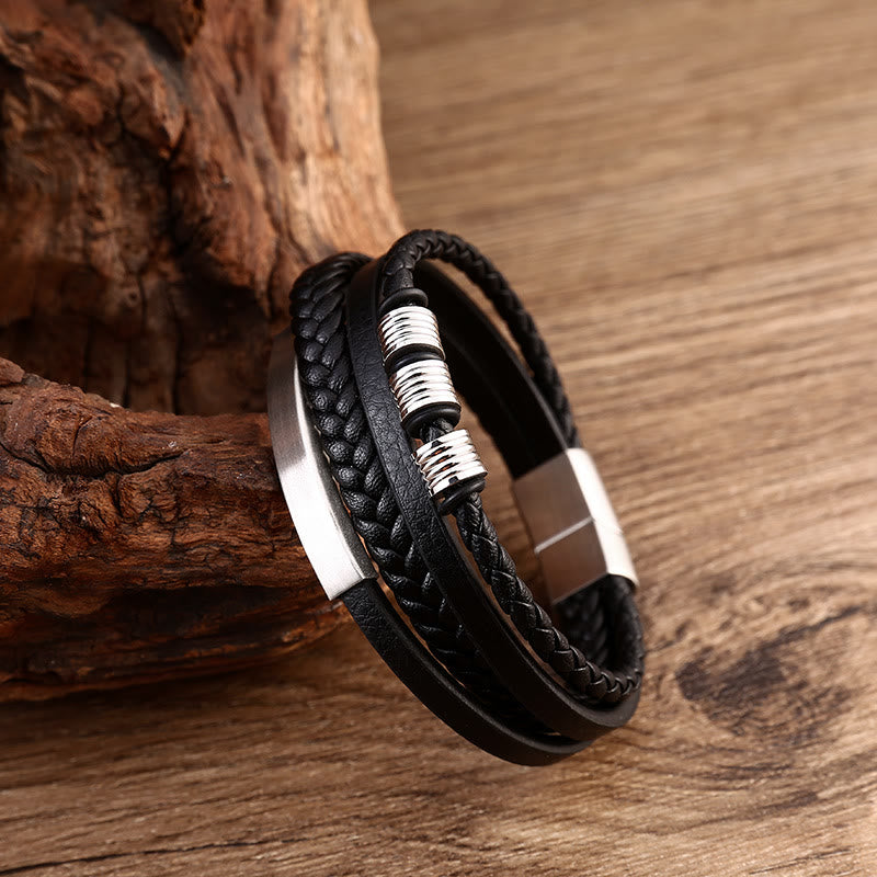 Leather Multi-Layer Titanium Steel Balance Braided Magnetic Buckle Bracelet