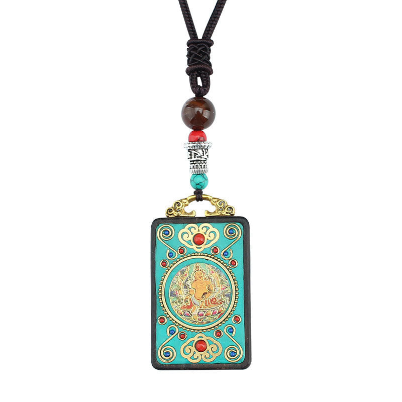 Tibet God Of Wealth Money Tree Golden Phoenix Thangka Ebony Peace Necklace Pendant