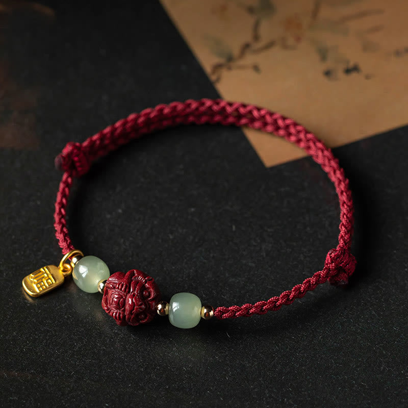 Handmade Cinnabar & Hetian Jade Sterling Silver Chinese Zodiac Fu Red String Bracelet