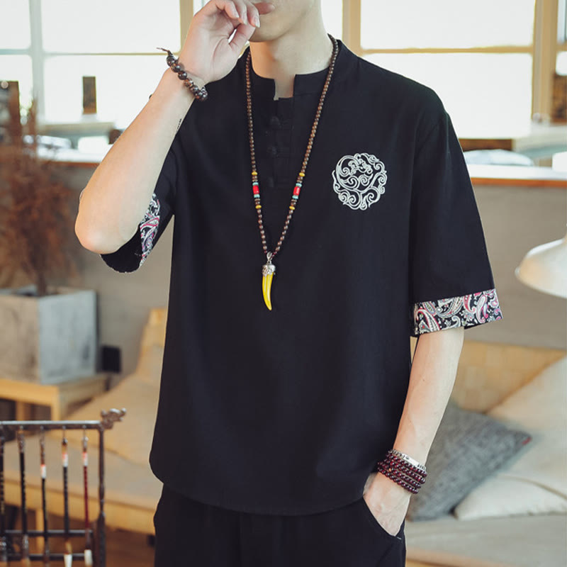 Frog-Button Dragon Embroidery Chinese Tang Suit Short Sleeve Shirt Linen Men Clothing