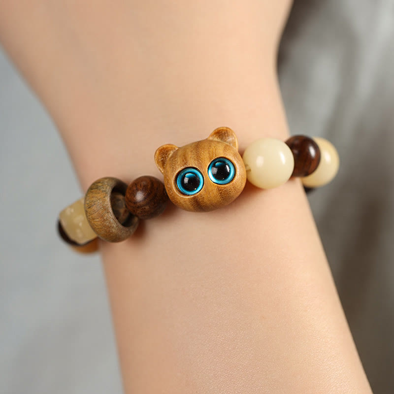 Natural Bodhi Seed Sandalwood Lucky Cute Cat Head Paw Claw Peace Bracelet