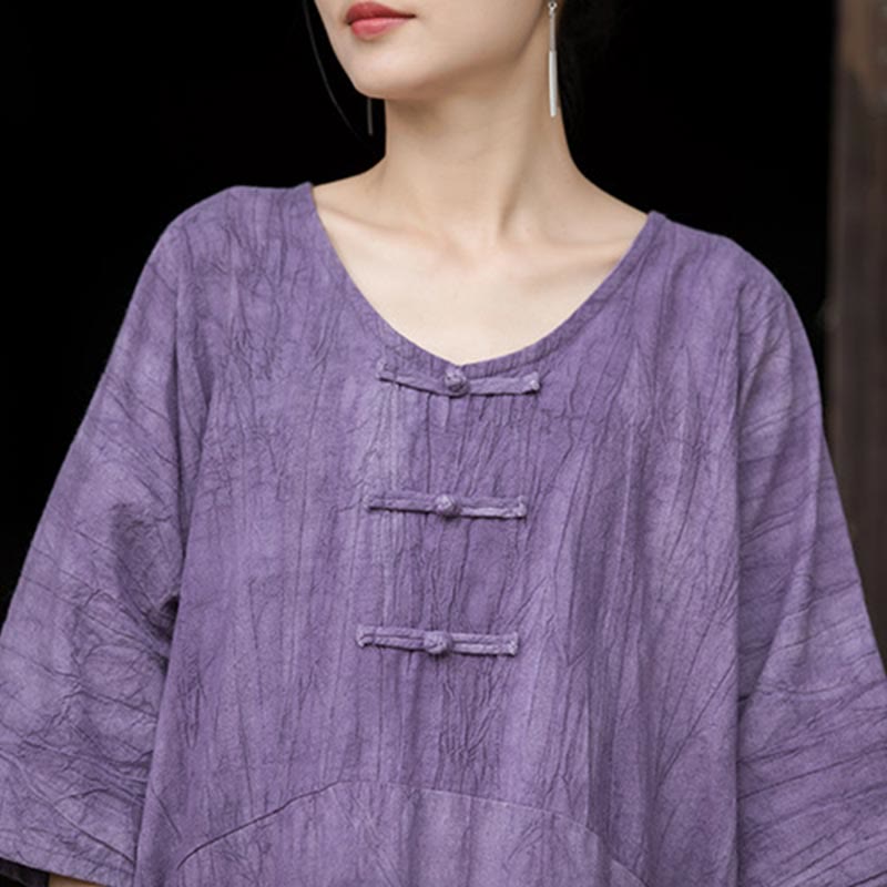 Ramie Linen Tie-Dye Frog-Button Meditation Midi Dress & Wide-Leg Pants Set