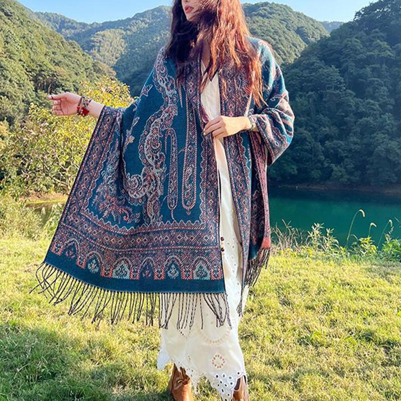 Vintage Tibetan Leaves Pattern Design Shawl Cozy Travel Scarf Wrap