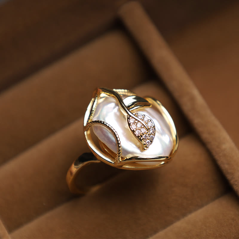 Pearl Copper Plated Gold Flower Happiness Wealth Ring