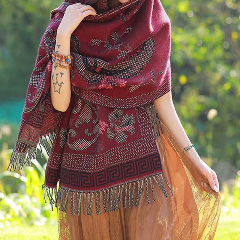 Tibetan Flowers Leaves Pattern Design Shawl Cozy Travel Scarf Wrap