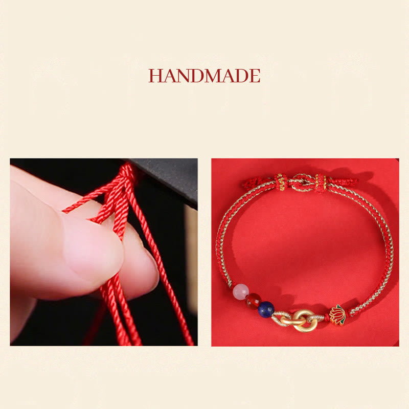 925 Sterling Silver Double Ping An Kou Lotus Jade Red String Bracelet