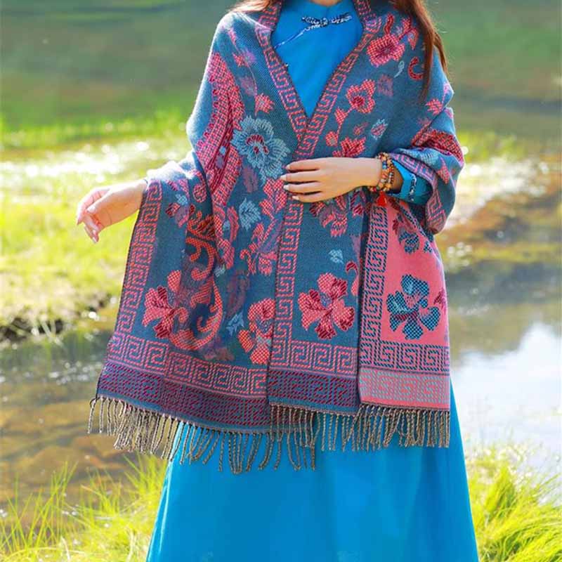 Tibetan Flowers Leaves Pattern Design Shawl Cozy Travel Scarf Wrap