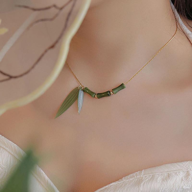 Bamboo Leaf Jade Design Wealth Necklace Pendant
