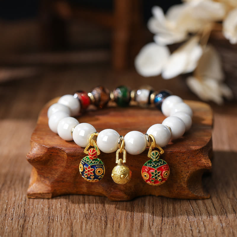 Gold Swallowing Beast Family Charm Liuli Glass Colorful Porcelain Bead Luck Bracelet