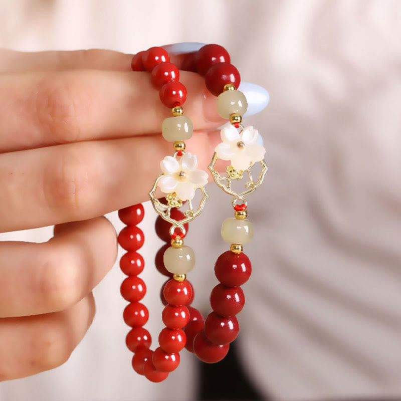 Natural Cinnabar Jade Beaded Tridacna Stone Flower Blessing Bracelet
