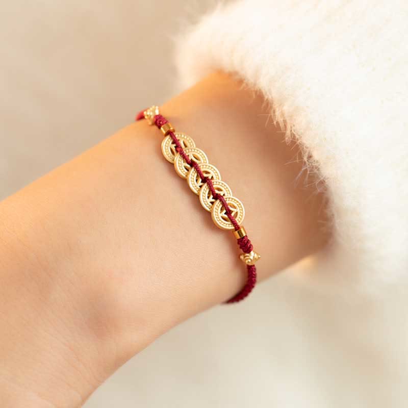 Hand-Braided Copper Tree of Life & Chinese Coin Red String Bracelet