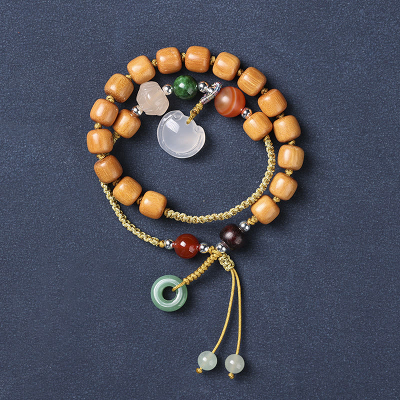 Green Sandalwood Chalcedony Peace Buckle Charm Soothing Double Wrap Bracelet