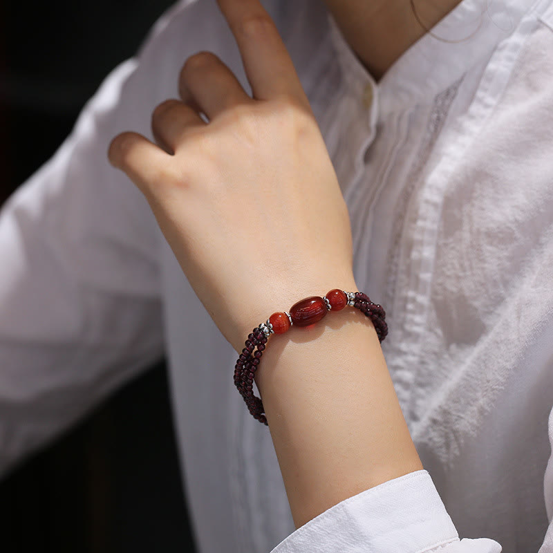Natural Garnet Red Agate Protection Triple Layer Bracelet