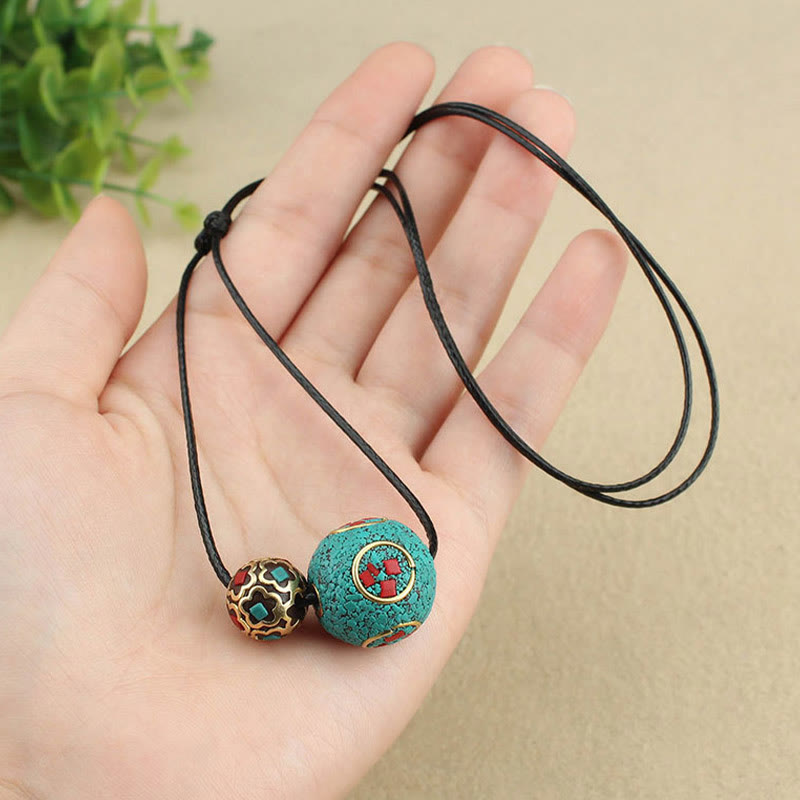 Tibetan Turquoise Double Bead Protection Strength Necklace Pendant