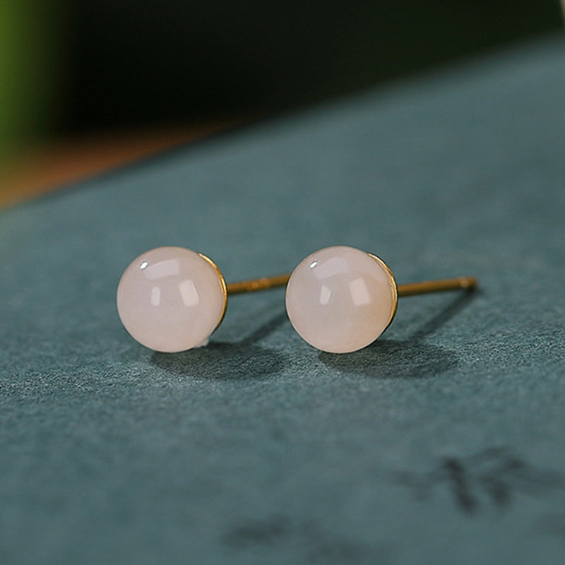 Handmade 925 Sterling Silver Round White Jade and Gold Minimalist Stud Earrings