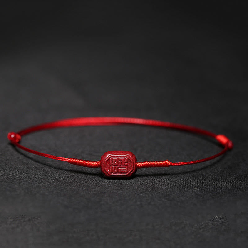 Handmade Cinnabar Braided Red String Bracelet with Carved Symbolic Charms