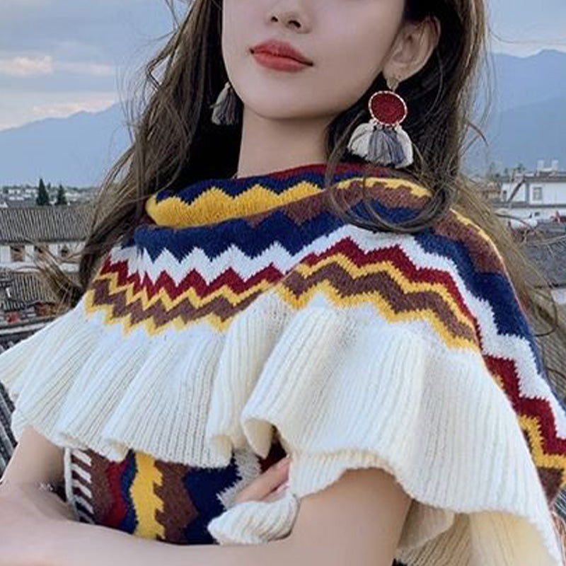 Tibetan Shawl Colorful Striped Wavy Line Tassels Winter Cozy Travel Scarf Wrap