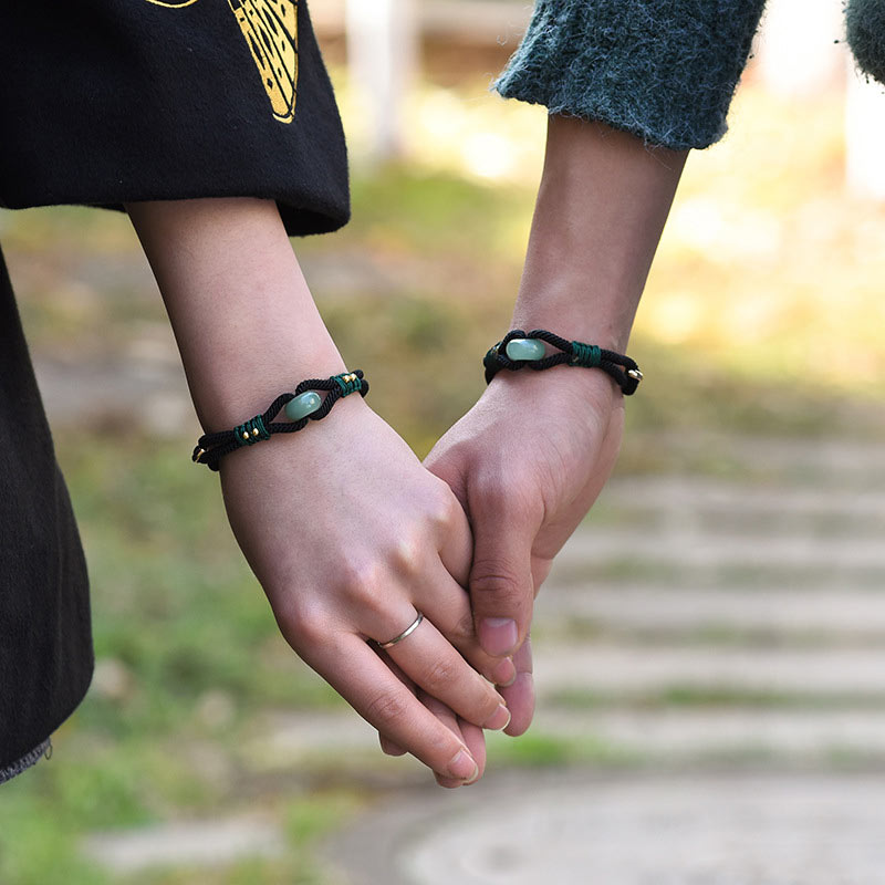 Minimalist Tibetan Jade and Gold Black Rope Couple Bracelet