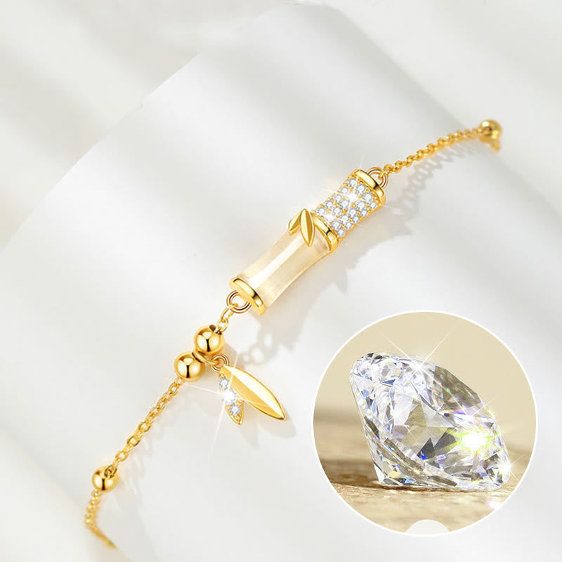 925 Sterling Silver 18K Gold Plated White Jade Bamboo Zircon Leaf Luck Bracelet