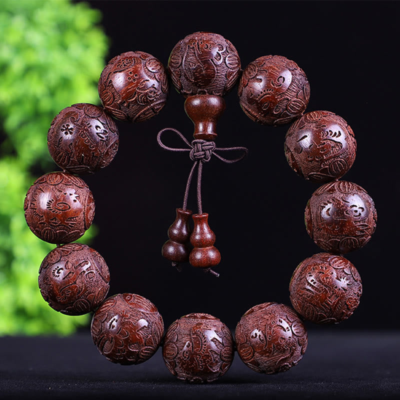 Chinese Zodiac Rosewood Ebony Copper Coin PiXiu Carved Warmth Bracelet
