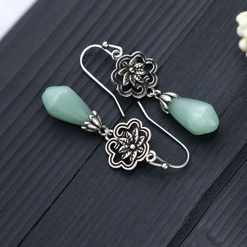 Magnolia Flower Jade Water Drop Copper Dangle Earrings