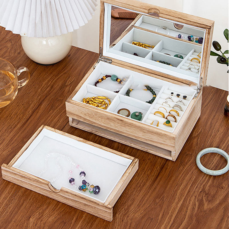 Retro Beige Paulownia Wood Two-Layer Jewelry Storage Box with Mirror