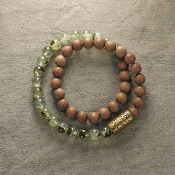 Natural Green Rutilated Quartz & Sandalwood Beaded Bracelet with Copper Accents