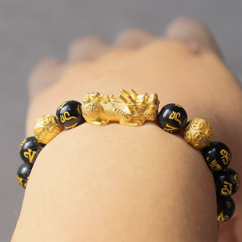 Adjustable Black Obsidian Beaded Bracelet with Pixiu Charm, Agate, Copper, and Om Mani Inscription