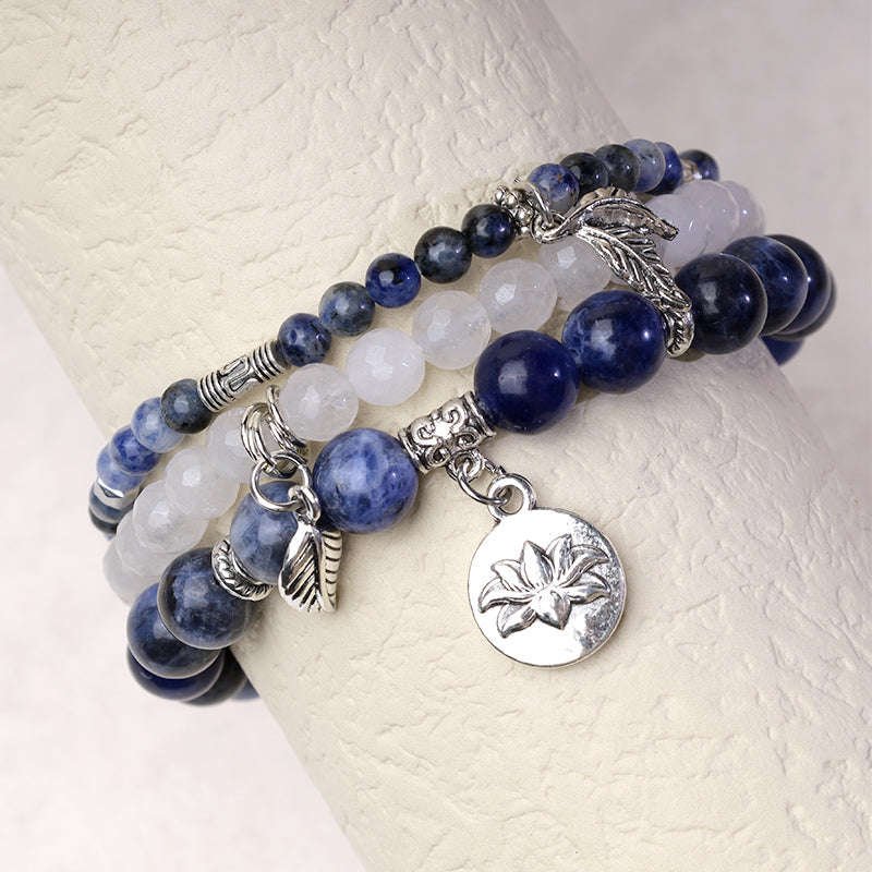 3PCS Natural Gemstone Beaded Lotus Charm Bracelet Set