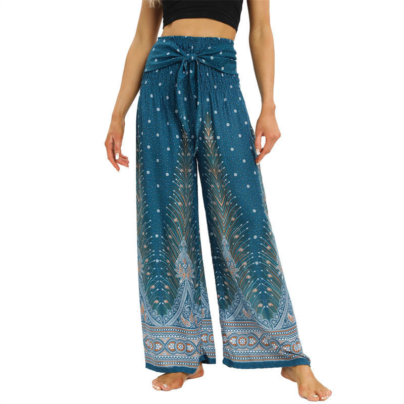 Boho Peacock Feathers Lace-up Wide Leg Pants Women's Yoga Pants