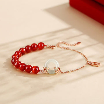 Natural Red Agate and White Jade Ping An Kou 925 Sterling Silver Peace Buckle Bracelet