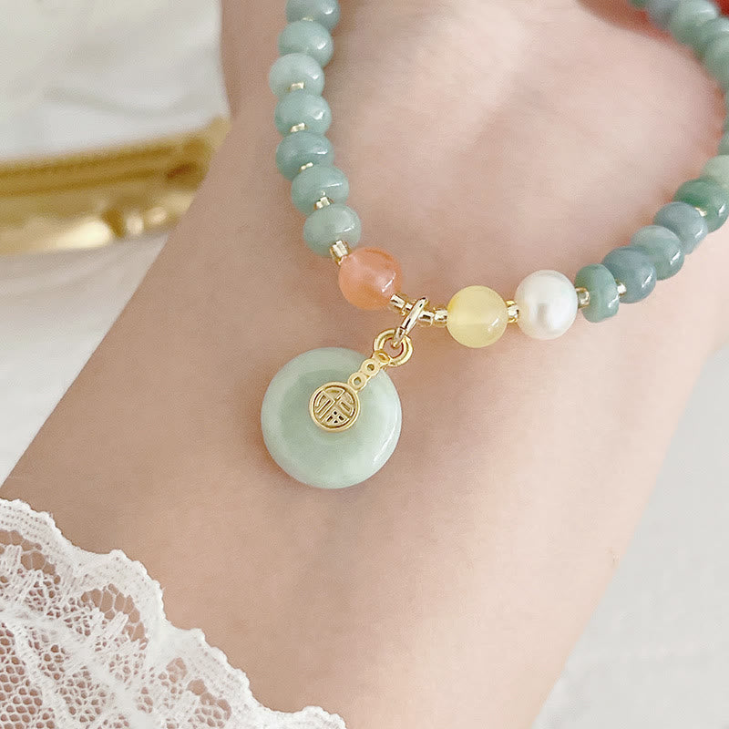 Natural Hetian Jade Pearl Peace Buckle Fu Character Gourd Money Bag Strawberry Quartz PiXiu Luck Bracelet