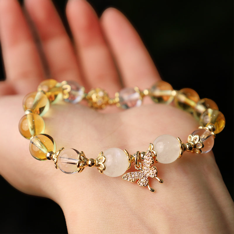 Citrine Moonstone & Clear Quartz Butterfly Charm Beaded Bracelet