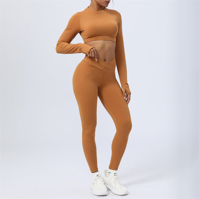 2Pcs Long Sleeve Backless Top Bra Leggings Pants Fitness Yoga Outfit Set