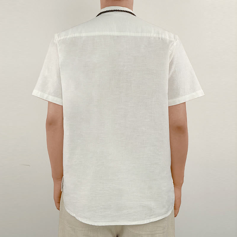 Solid Color Men Short Sleeve Button Linen Shirt