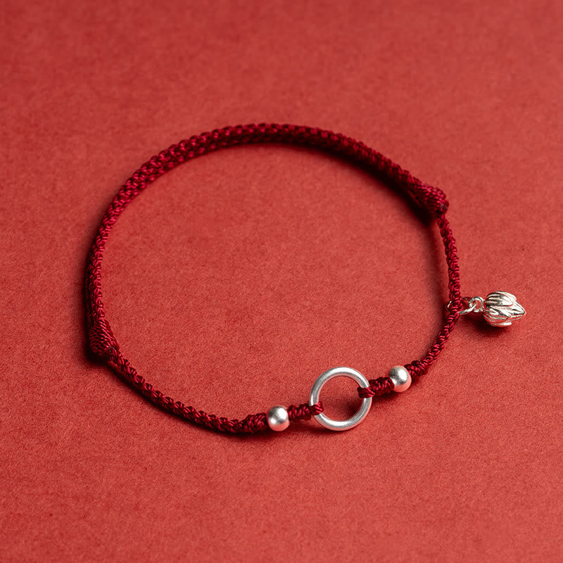 925 Sterling Silver Ping An Kou Lotus Red String Bracelet with Peace and Joy Charms