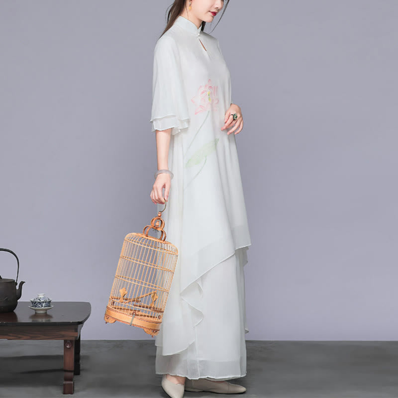 2Pcs Lotus Flower Cheongsam Midi Dress Wide Leg Pants Chiffon Zen Women's Set