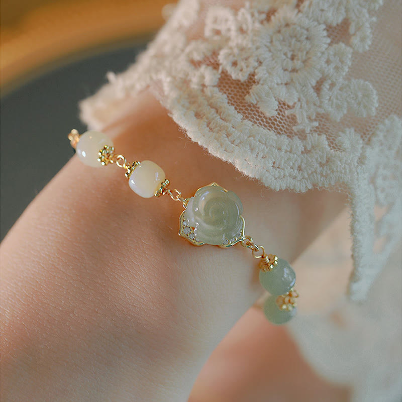 14K Gold Plated Hetian Jade Rose Flower Copper Chain Bracelet