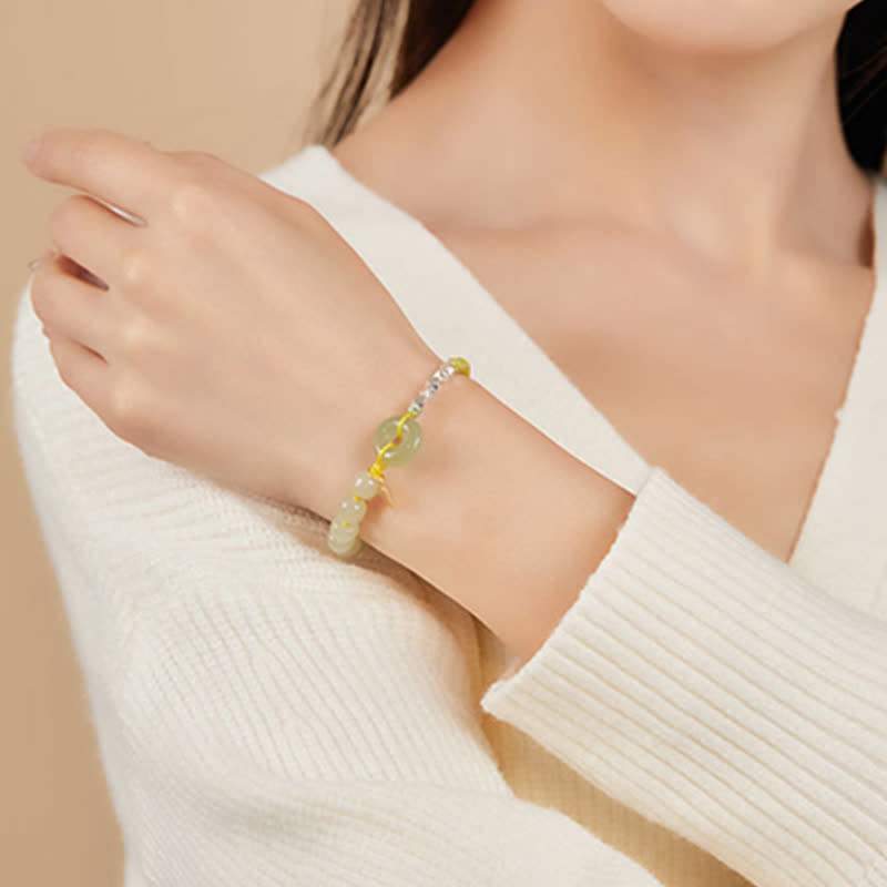 Hand-Woven Hetian Jade Ping An Kou Gold Plated Sterling Silver Beaded Bracelet