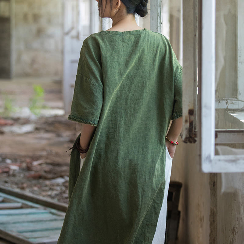 Mid Length Dress Ramie Linen Half Sleeve Split Hem Top T-Shirt