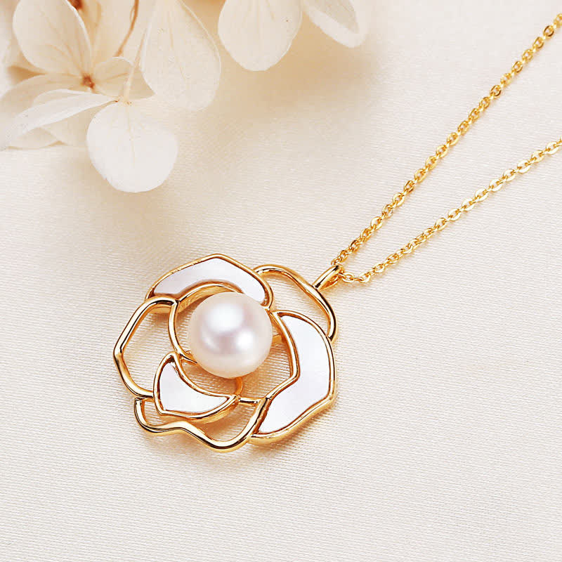 925 Sterling Silver Pearl Camellia Pattern Happiness Necklace Pendant Earrings