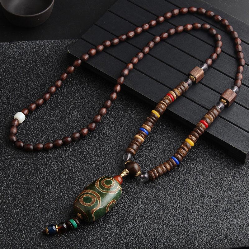 Turquoise & Dzi Bead Wenge Wood Prayer Wheel Meditation Necklace